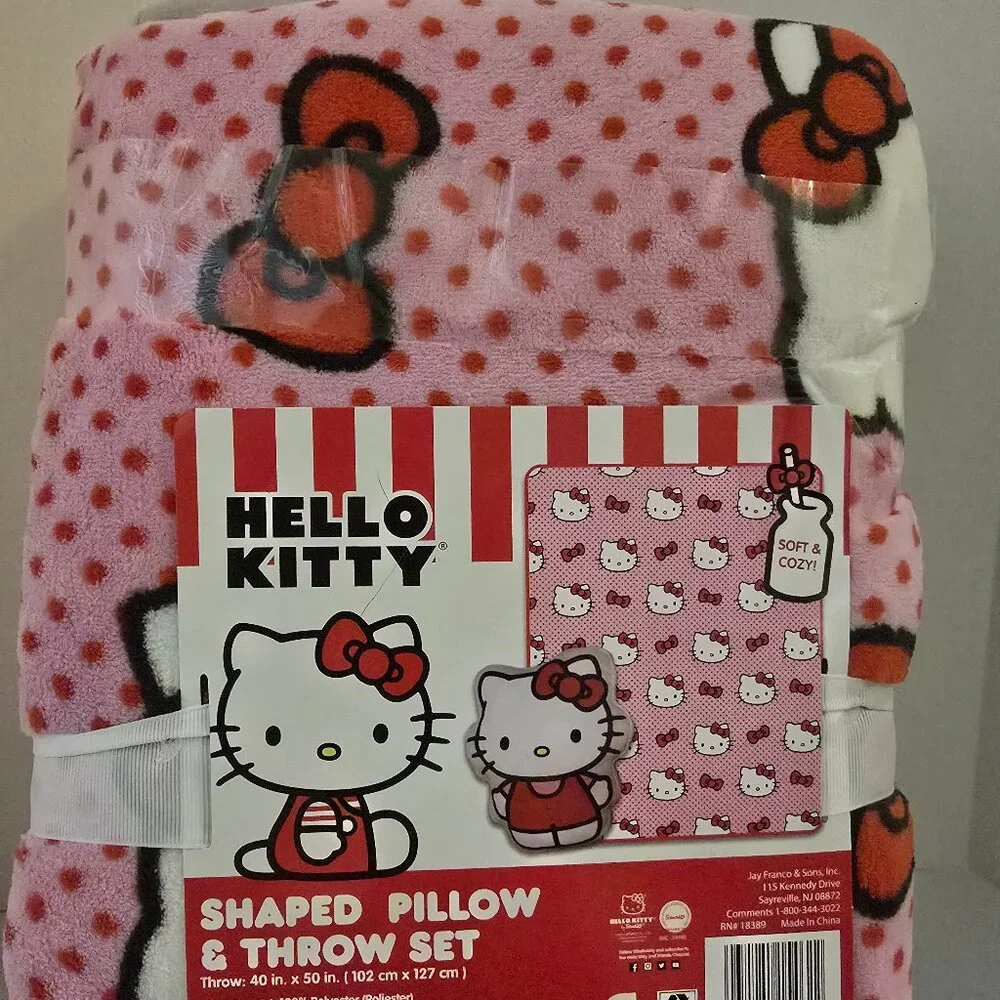 Hello Kitty Plush Pillow & Throw Blanket Set Sanrio Red Bow NWT Bedroom Gift
